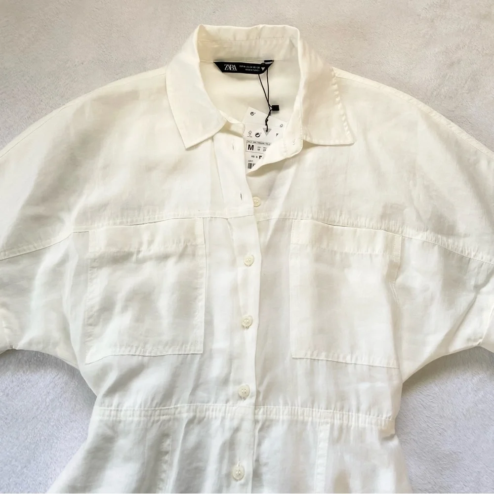 Zara • NWT Ivory Short Sleeve Button Up A-Line Shirt Dress